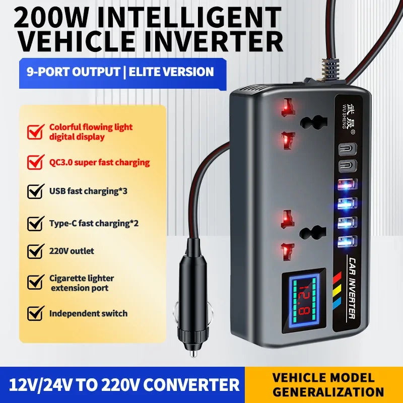 Portable Car Inverter 12V to 110V / 24V to 220V Outlet Adapter with 4 USB Ports Fast Charging Car Charger for Auto Truck SUV RV