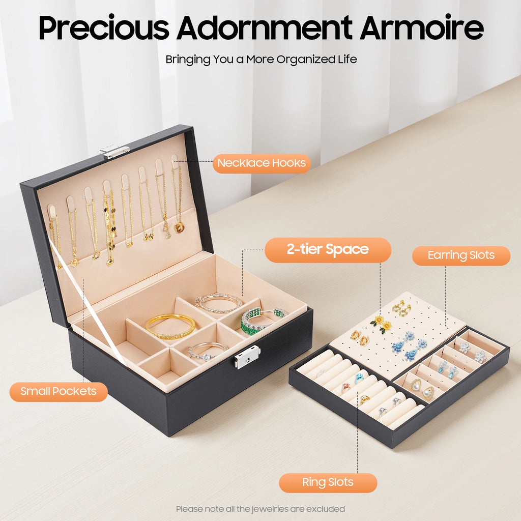 Jewelry Box Portable Desktop Jewelry Storage Case 2‑tier Jewelry Organizer Box with Lock Jewelry Holder for Rings Earrings Necklaces Bracelets Travel