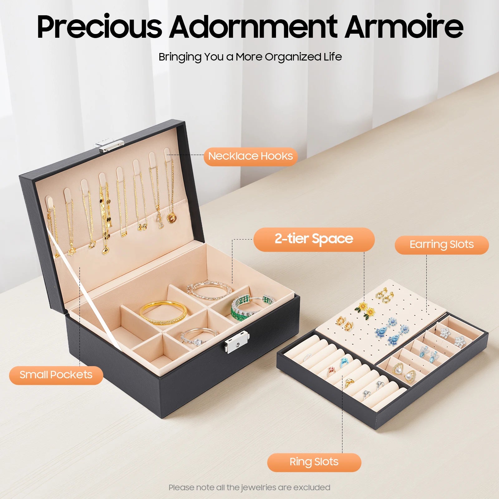 Jewelry Box Portable Desktop Jewelry Storage Case 2‑tier Jewelry Organizer Box with Lock Jewelry Holder for Rings Earrings Necklaces Bracelets Travel