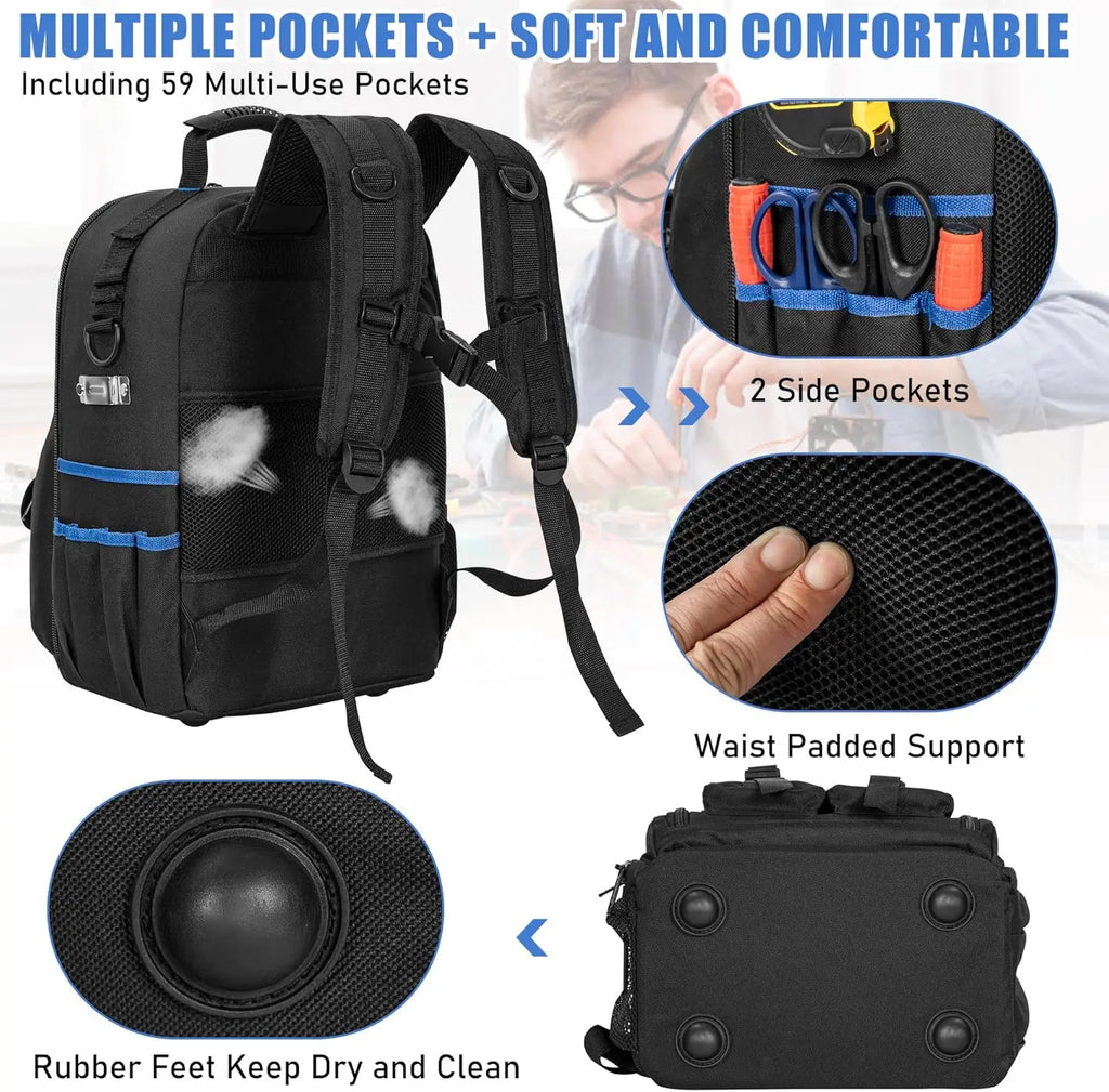 Tool Backpack, Heavy Duty Tool Bag with Padded Shoulder and Removable Tool Organizer, Water-Resistant Work Backpack, for Electricians
