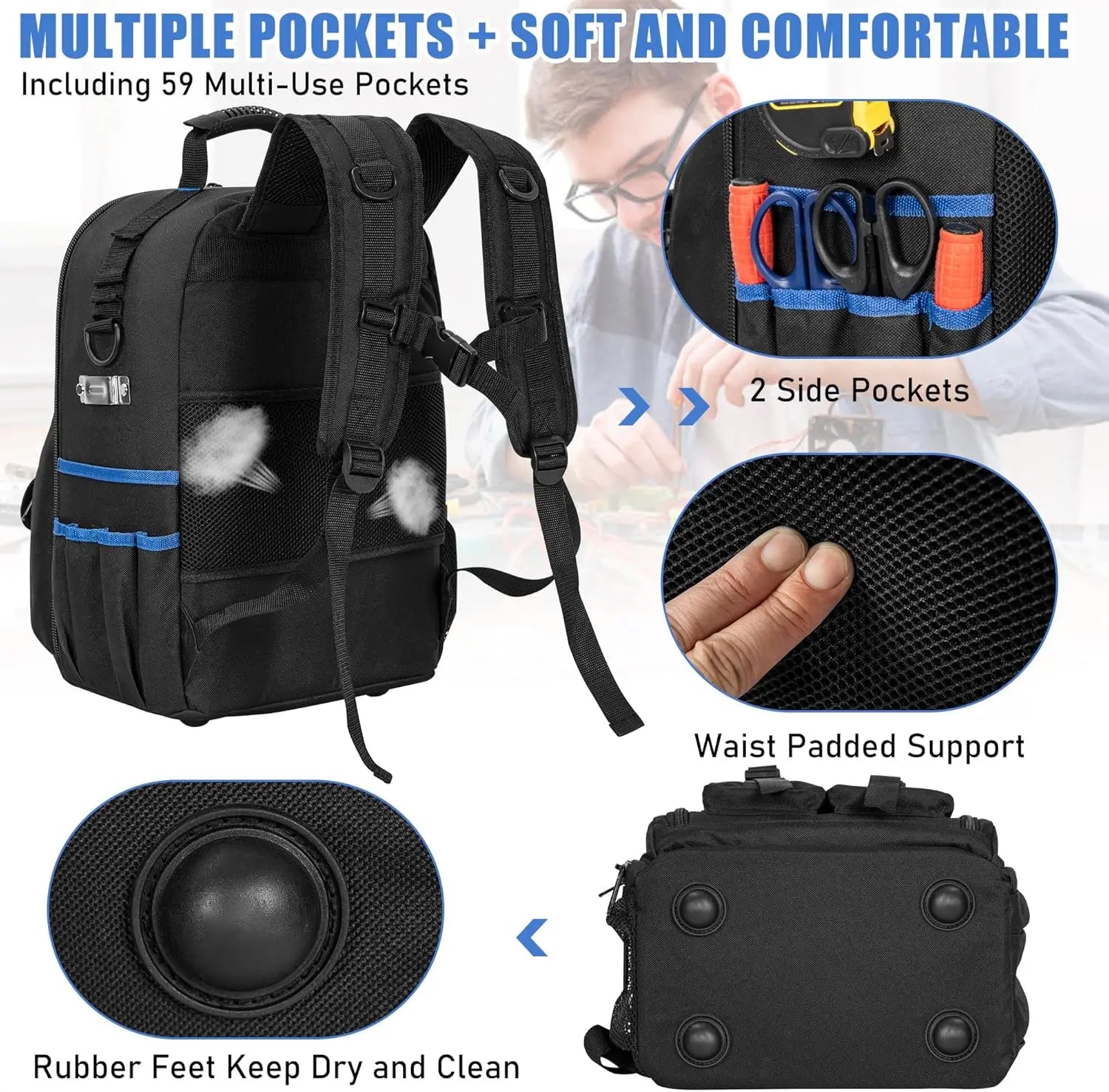 Tool Backpack, Heavy Duty Tool Bag with Padded Shoulder and Removable Tool Organizer, Water-Resistant Work Backpack, for Electricians