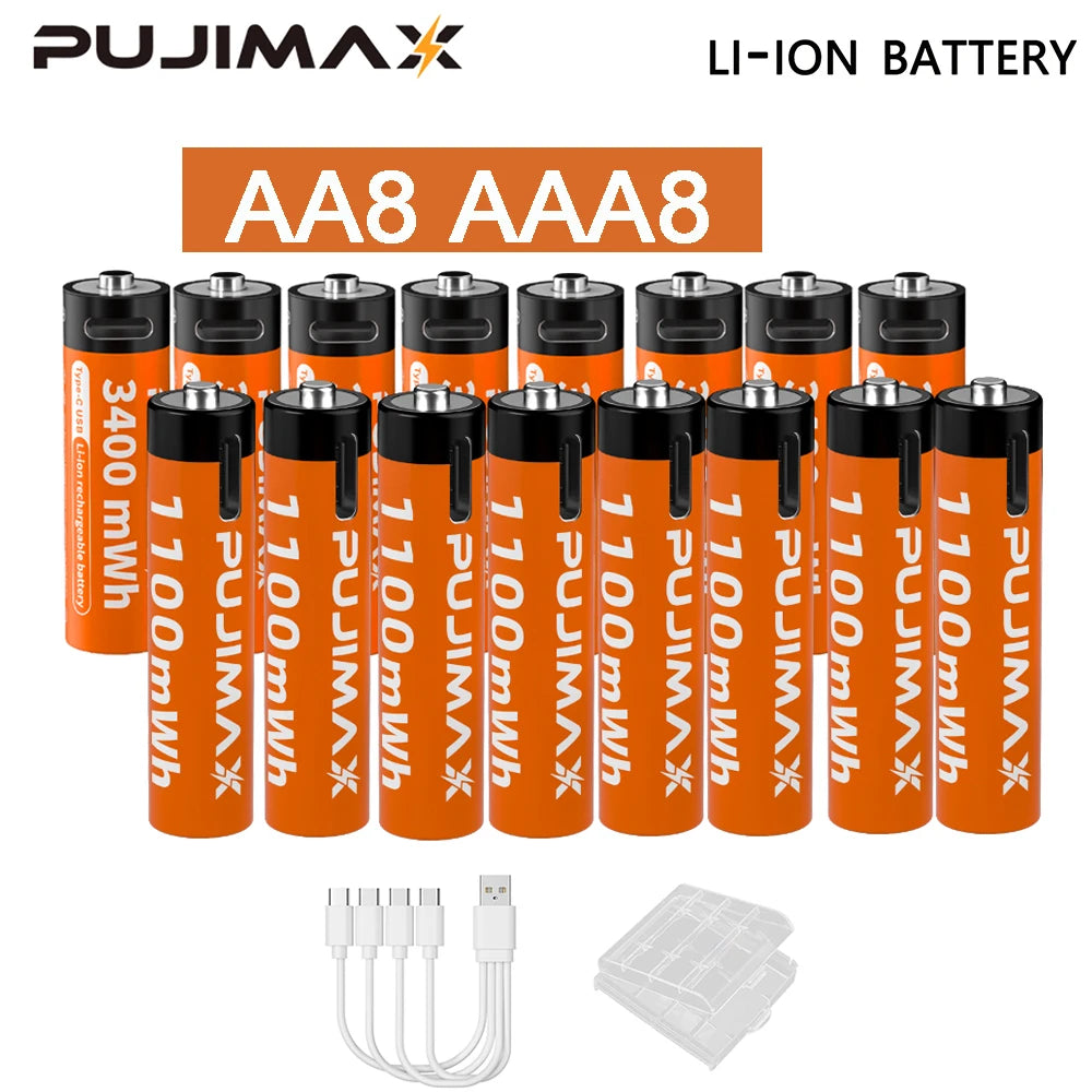 PUJIMAX 1.5V AA&AAA Rechargeable Lithium Battery 3400mWh/1100mWh, Type-C Port Charging Be Reused 1500 Times For Alarm Clocks