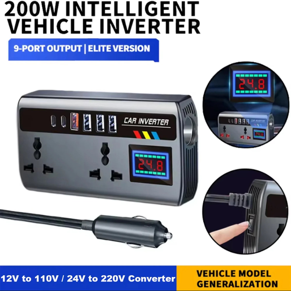 Portable Car Inverter 12V to 110V / 24V to 220V Outlet Adapter with 4 USB Ports Fast Charging Car Charger for Auto Truck SUV RV