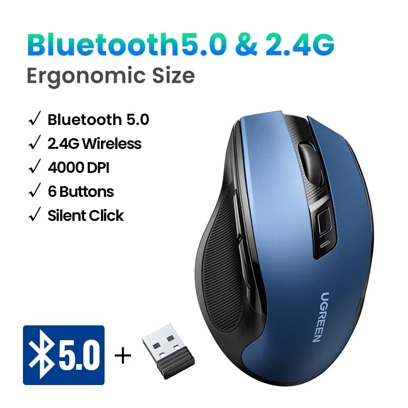 Ratón inalámbrico UGREEN, Bluetooth 5.0, ergonómico, 4000DPI, 6 botones silenciosos, para MacBook, tabletas, portátiles, ordenadores y PC, ratón 2.4G.