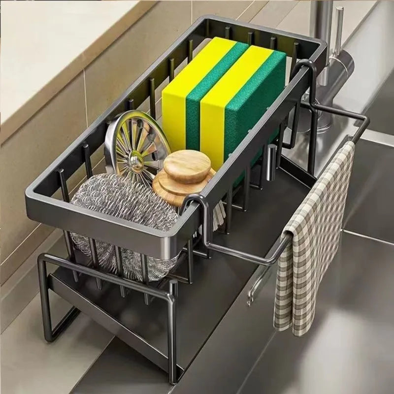 Kitchen Sponge Holder Drain Rack Sink Organizer for Dish Cloth Scrubber Storage with Hanging Hook