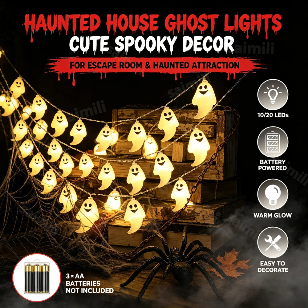 Halloween Ghost LED String Lights Battery Spooky Lamp For Home Holiday Party Haunted House Hanging Atmosphere Ornament Lighting