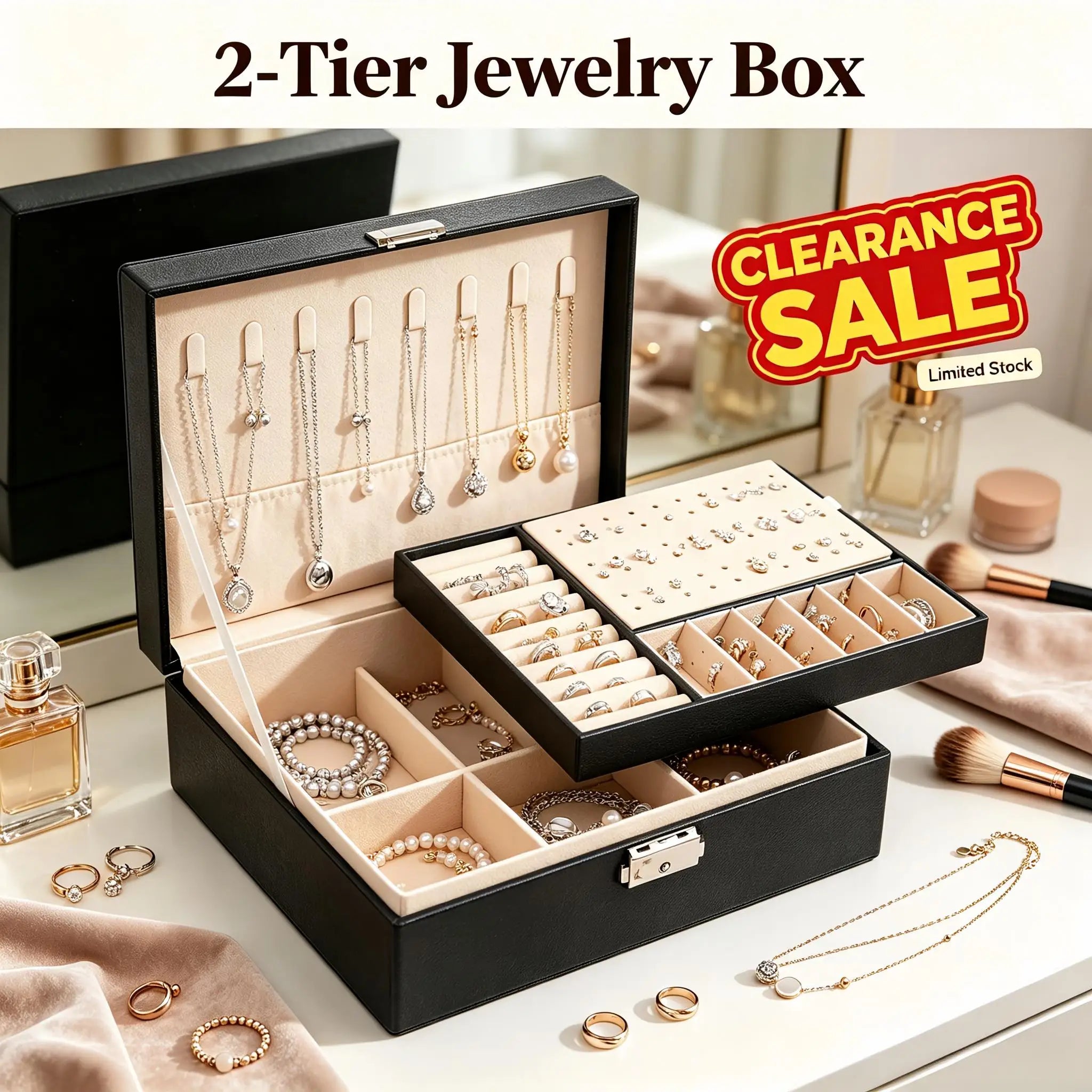Jewelry Box Portable Desktop Jewelry Storage Case 2‑tier Jewelry Organizer Box with Lock Jewelry Holder for Rings Earrings Necklaces Bracelets Travel