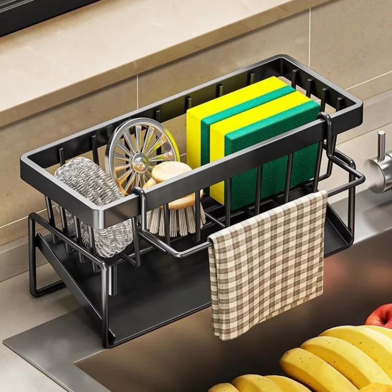 Kitchen Sponge Holder Drain Rack Sink Organizer for Dish Cloth Scrubber Storage with Hanging Hook