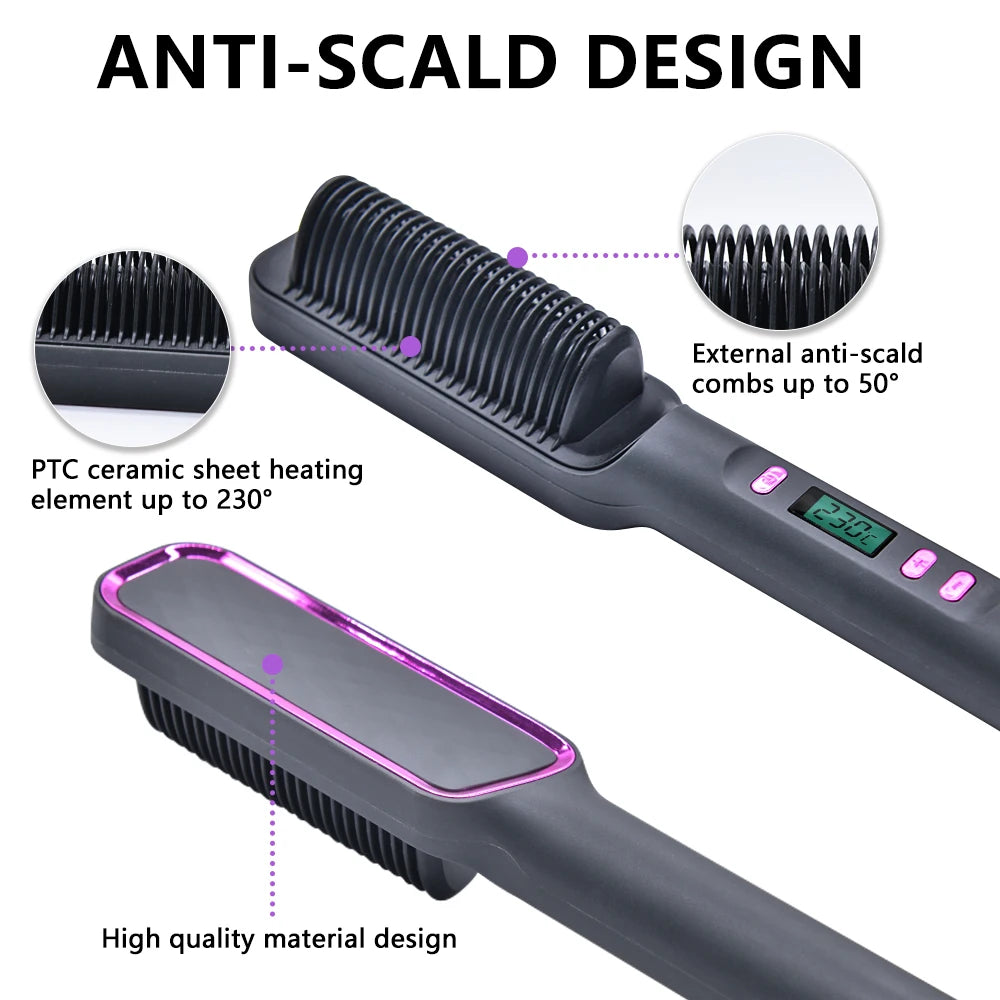 Hair Straightener Ceramic Hot Comb 2 in 1 Electric Straighten Hair Brush Negative Ion Fast Heating Styling Tool ﻿