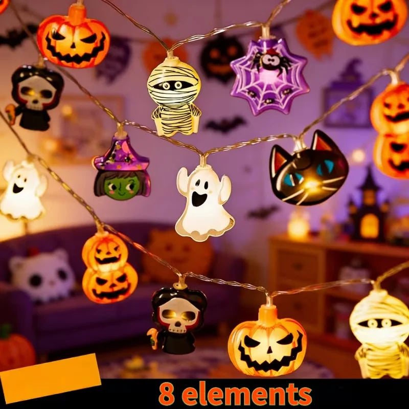 10/20 LED Halloween String Lights Ghost Pumpkin Mummy Skeleton Spider Fairy Light Battery Powered for Party Haunted House Decor