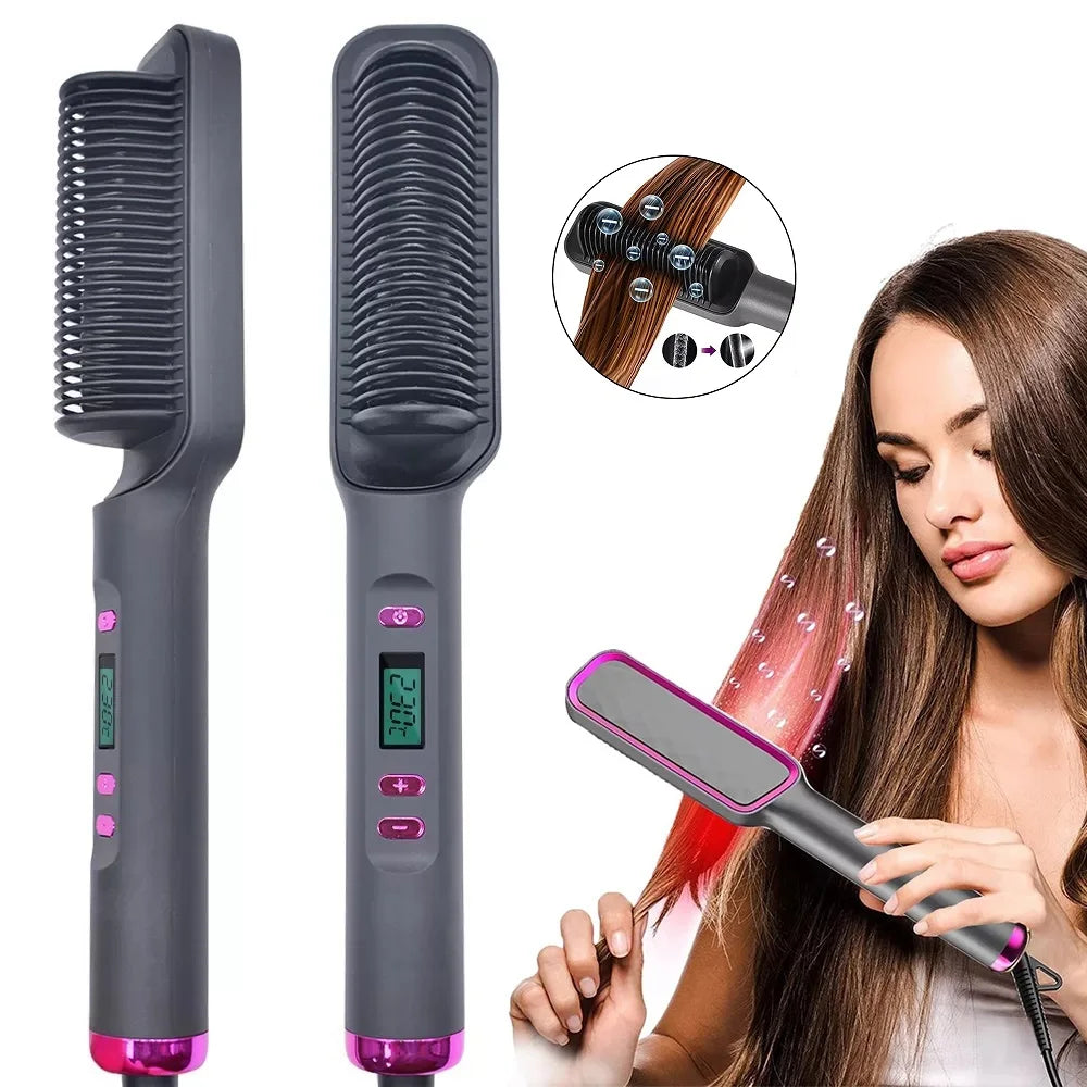 Hair Straightener Ceramic Hot Comb 2 in 1 Electric Straighten Hair Brush Negative Ion Fast Heating Styling Tool ﻿