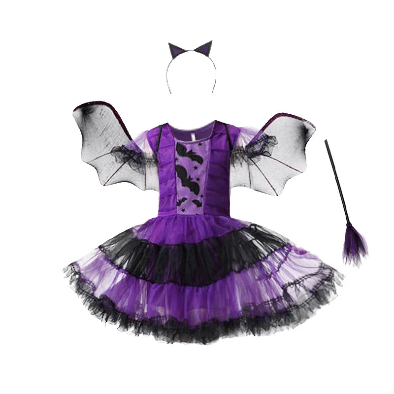 Disfraz de Halloween para niñas, vestido de murciélago morado, disfraz de vampiro de fantasía de Halloween, ropa de bruja para cosplay, regalos para fiestas de carnaval