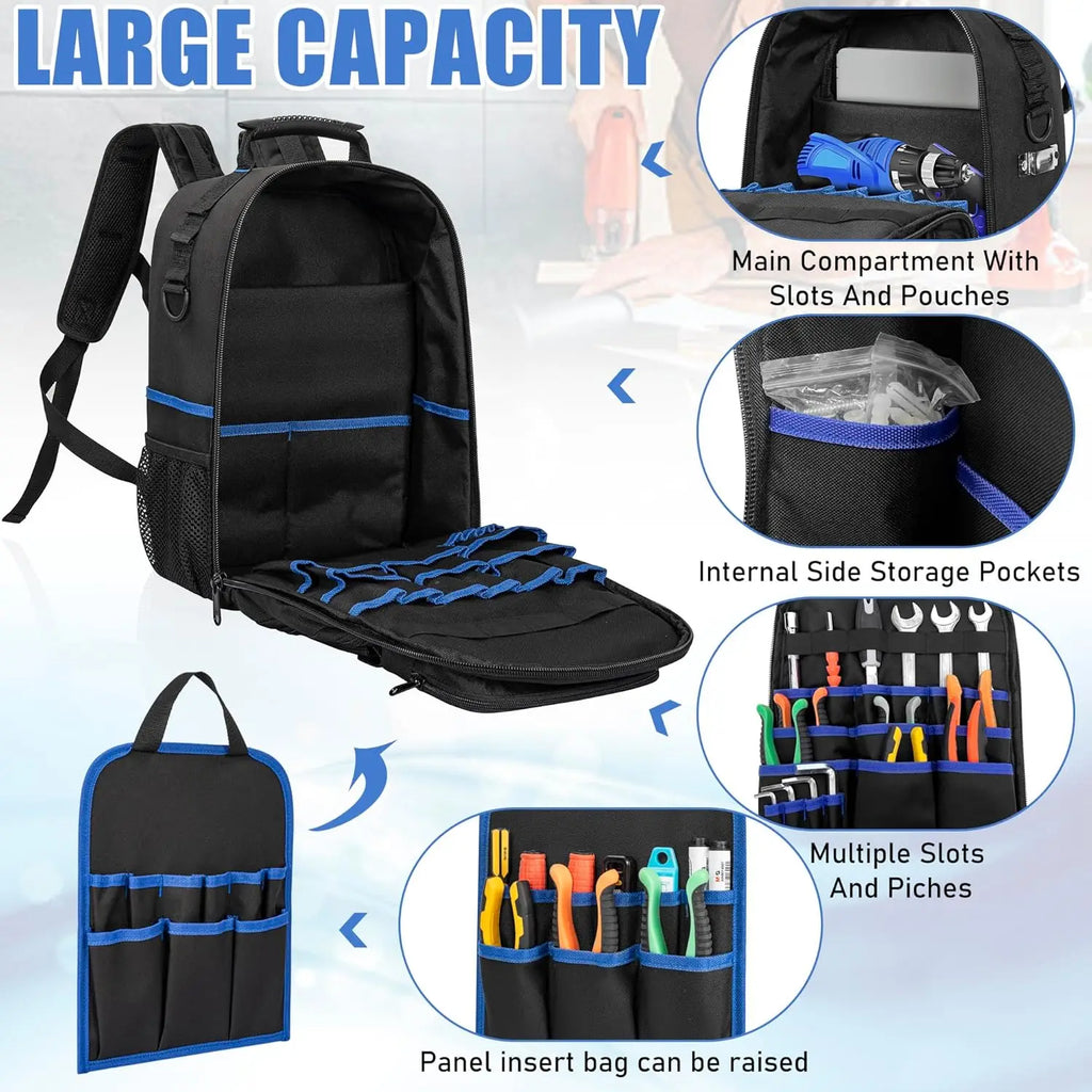 Tool Backpack, Heavy Duty Tool Bag with Padded Shoulder and Removable Tool Organizer, Water-Resistant Work Backpack, for Electricians