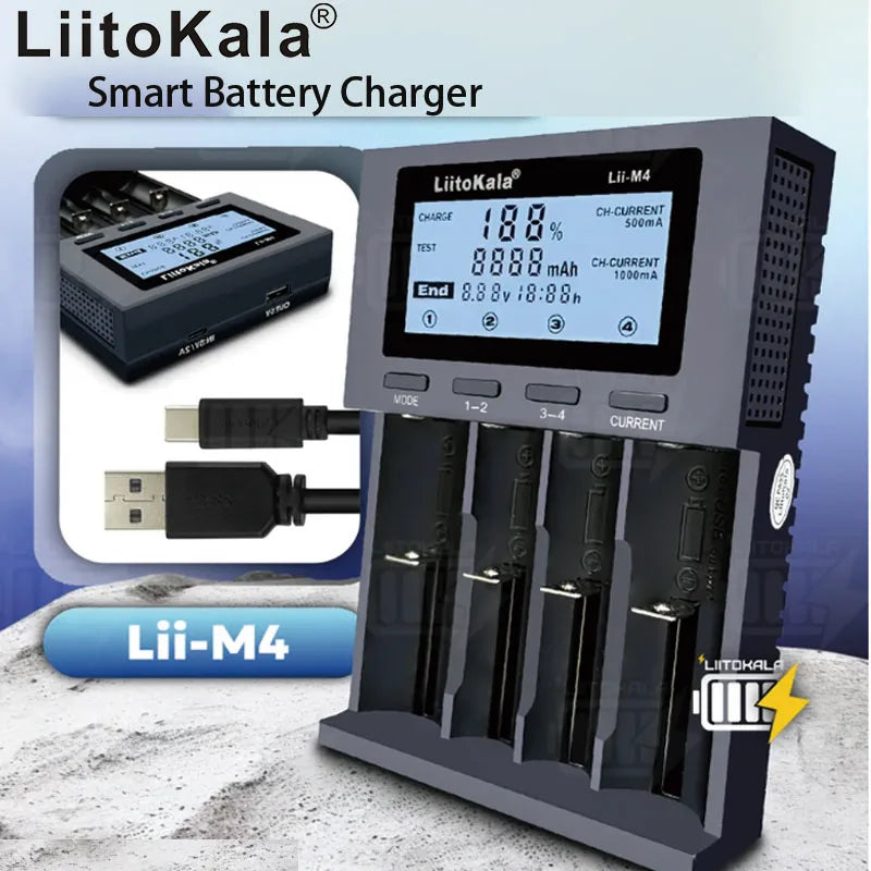 LiitoKala Lii-M4 Smart Battery Charger with LCD Display 4-Slot Universal for 18650 26650 21700 AA AAA 5V 2A Testing Capability