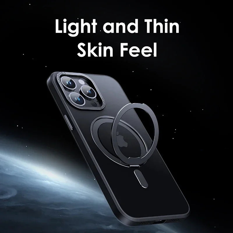 Magnetic 360°Rotation Stand Phone Case For iphone 12 13 14 15 16 17 Pro Max Plus With Ring Holder Frosted Transparent Case Funda