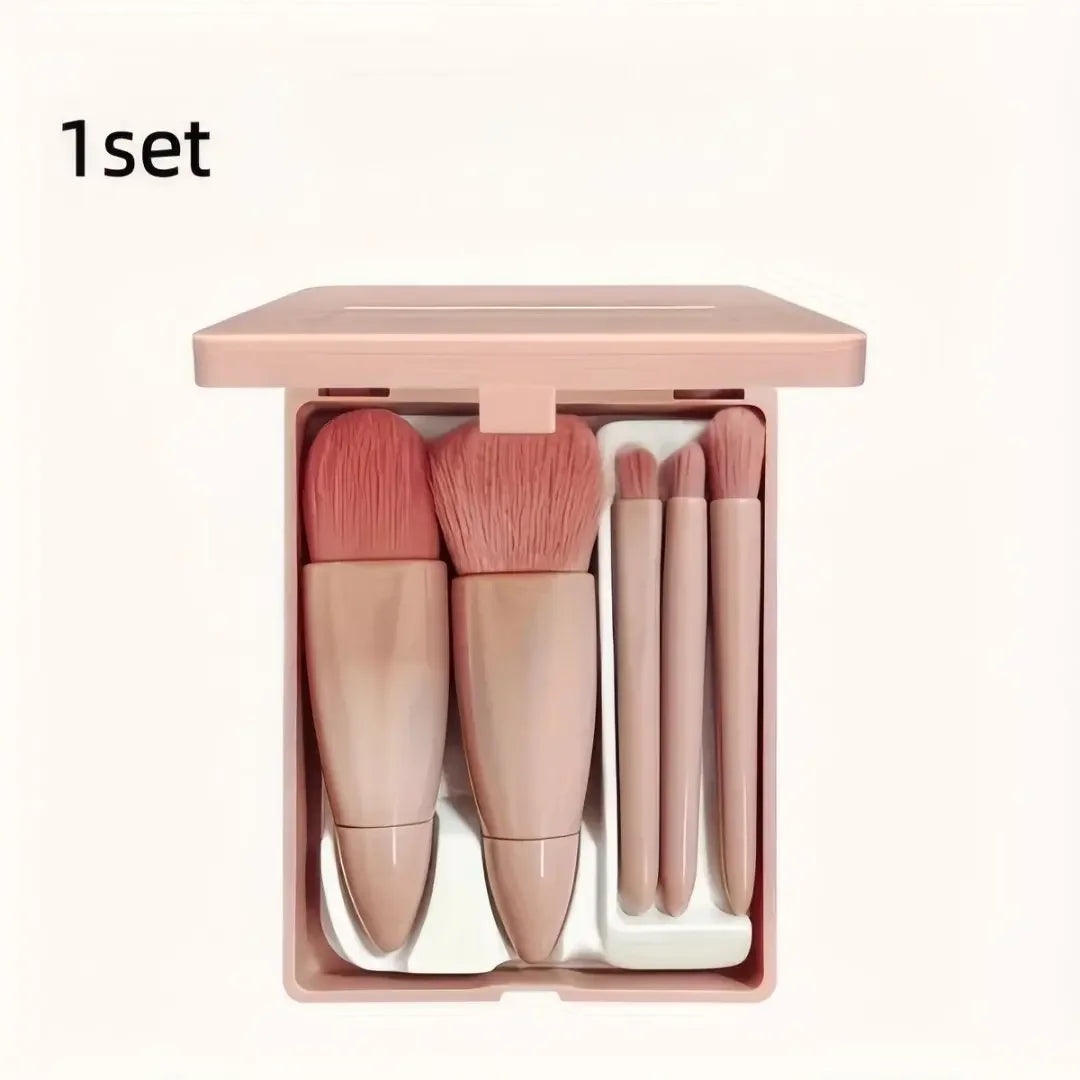 5Pcs Mini Pink Makeup Brush Set with Built-in Mirror, Soft Synthetic Bristles Gentle on Skin Portable Travel Size for Daily Makeup On-the-Go Touch-ups Home Travel Women Makeup Lovers Beginners Blush Eyeshadow Foundation Brush
