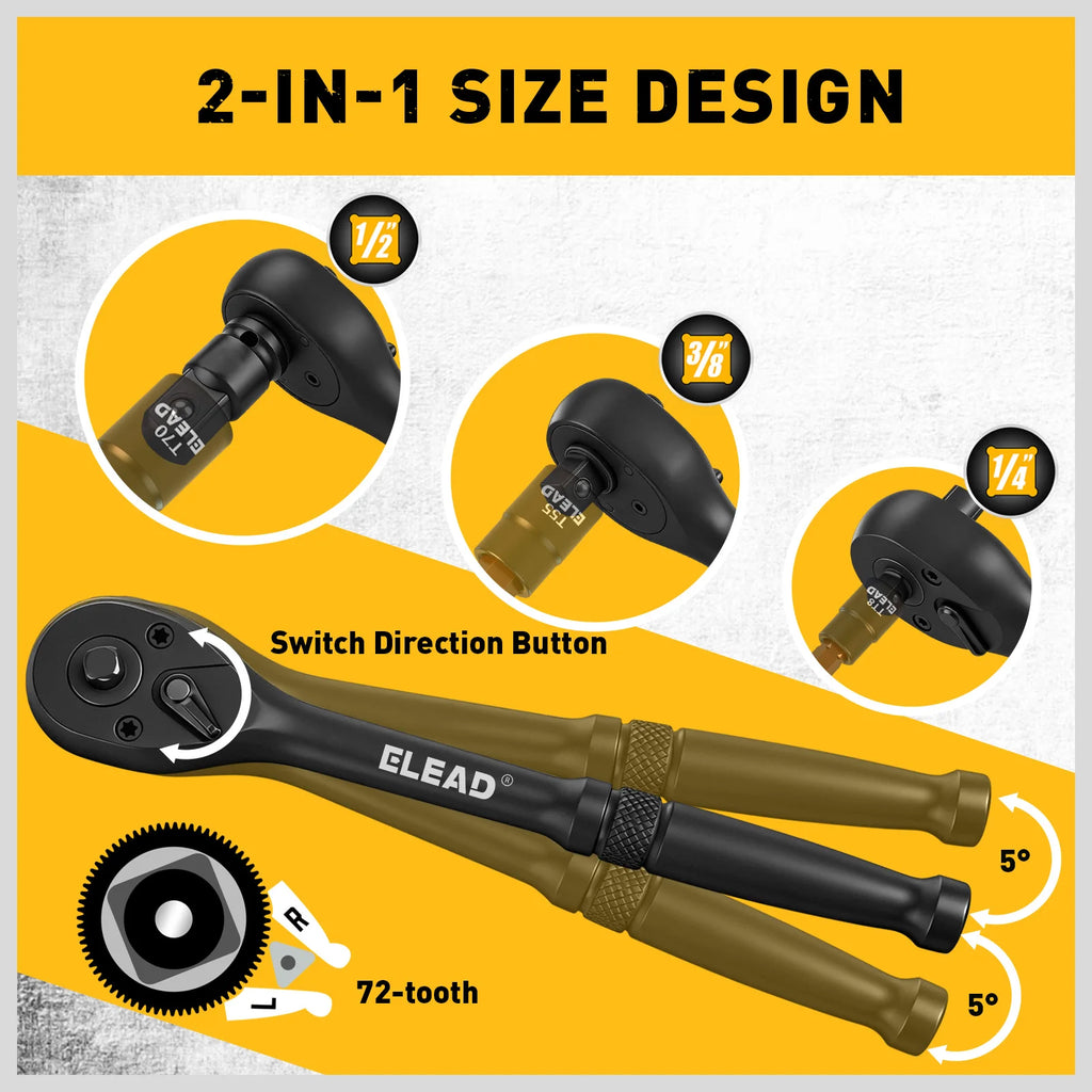 ELEAD 37-Piece Premium Torx Bit Socket Set (T6–T70/T6H–T70H) — CR-V & S2 Steel, High-Torque Ratchet, 1/4"/3/8"/1/2" Drives