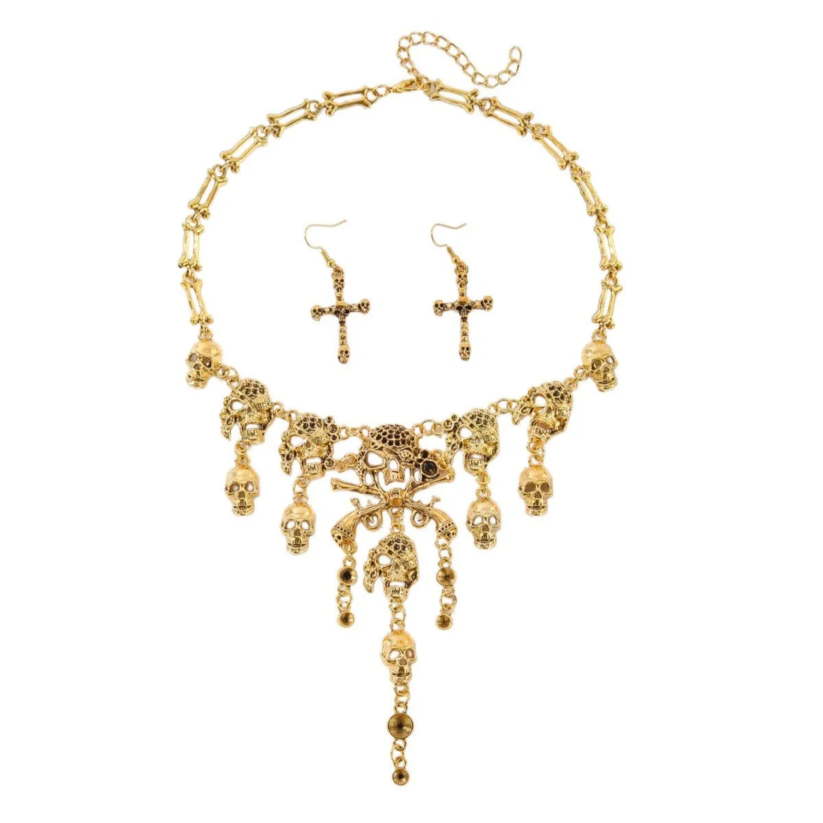 Halloween Jewelry Gothic Punk Retro Alloy Pirate Skull Tassel Necklace Earrings Set For Women Holiday Party Neck Decoration