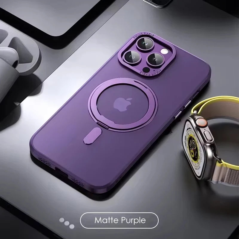 Magnetic 360°Rotation Stand Phone Case For iphone 12 13 14 15 16 17 Pro Max Plus With Ring Holder Frosted Transparent Case Funda