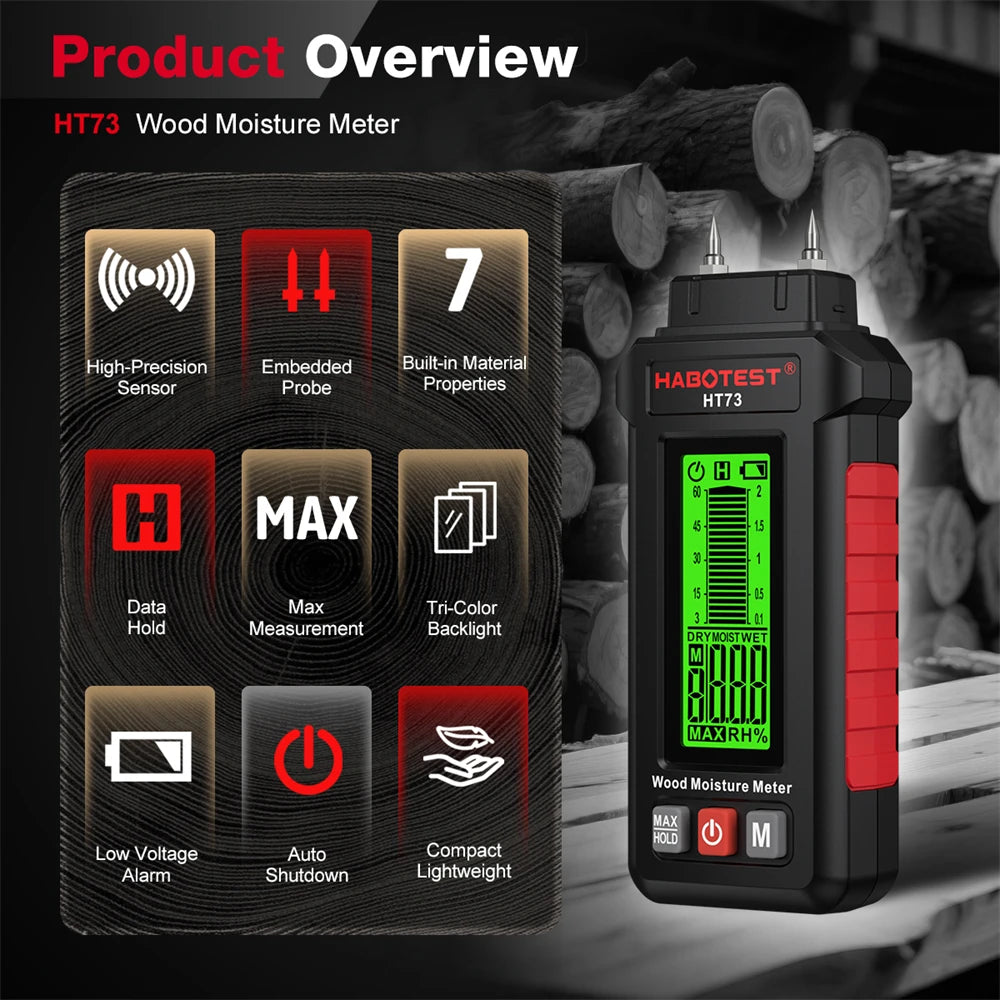 Digital Wood Moisture Meter Humidity Tester for Firewood Lumber Flooring Brick Cement Mortar Gypsum Board Building Materials
