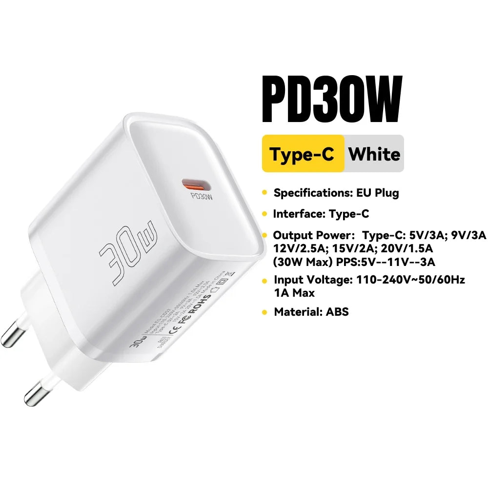 USB-C PD Travel Charger 20W 30W Fast Charging Wall Power Adapter Compatible with iPhone iPad Mobile Devices
