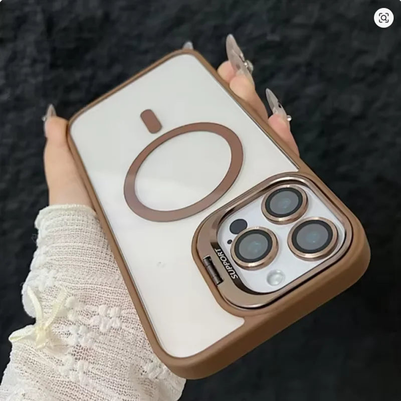Luxury Magnetic Shockproof Phone Case For iPhone 15 14 13 12 11 16 17 18 Pro Max Plus E Funda Stand Glass Lens Protection Cover