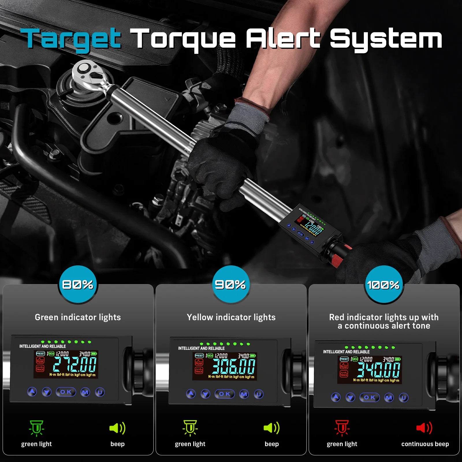 Seesii Digital Torque Wrench 340N.m Digital Electric Wrench 1/2" Drive 12.5-250.8ft-lbs/17-340N.m Buzzer LED Flash for Car Care