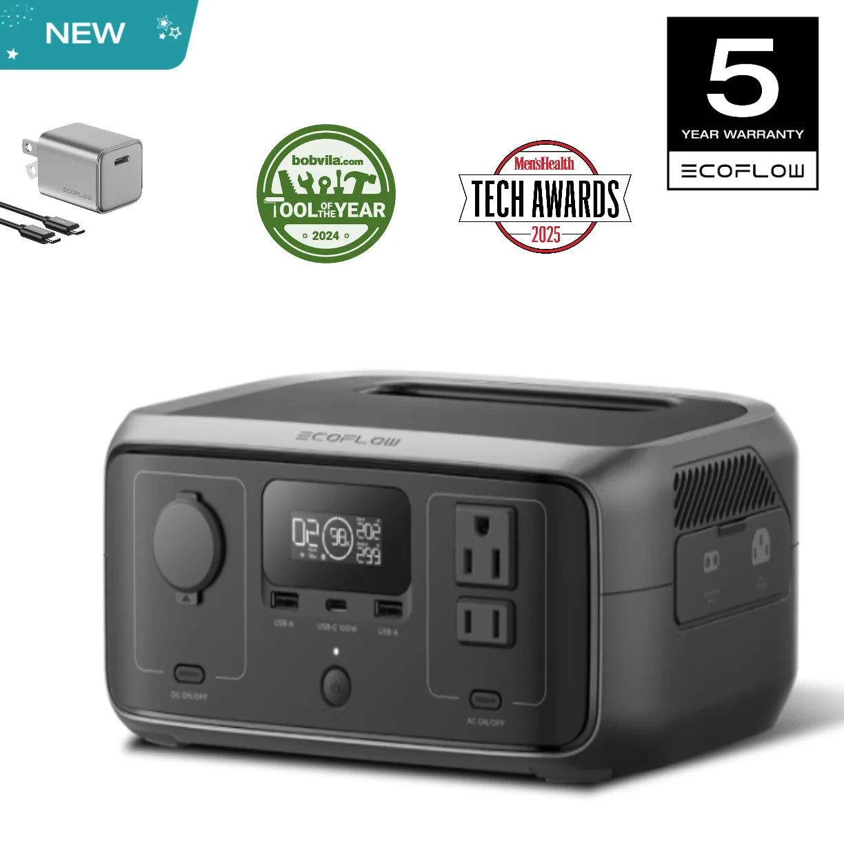 ECOFLOW 20W GaN-C Charger with RIVER 3 230 Portable Power Station, 230Wh LiFePO4 Battery, 300W Up to 600W AC Output