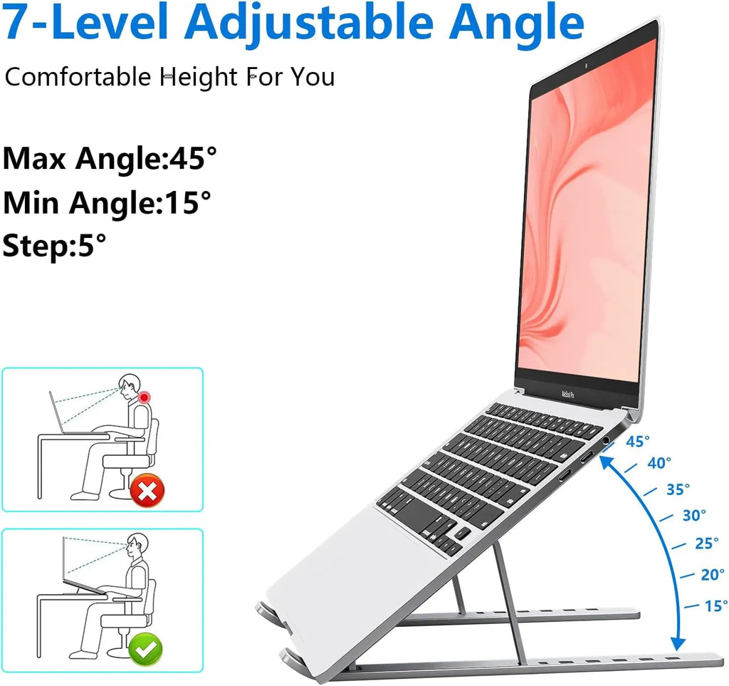 Premium Aluminum Laptop Riser, 7-Level Adjustable, Foldable & Portable, Anti-Slip, Compatible with All 10-15.6 Inch Laptops