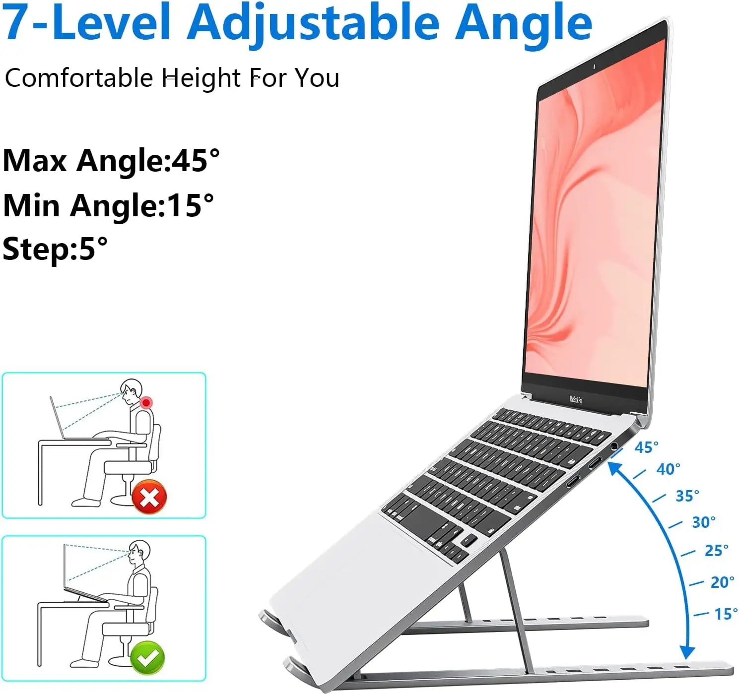 Premium Aluminum Laptop Riser, 7-Level Adjustable, Foldable & Portable, Anti-Slip, Compatible with All 10-15.6 Inch Laptops