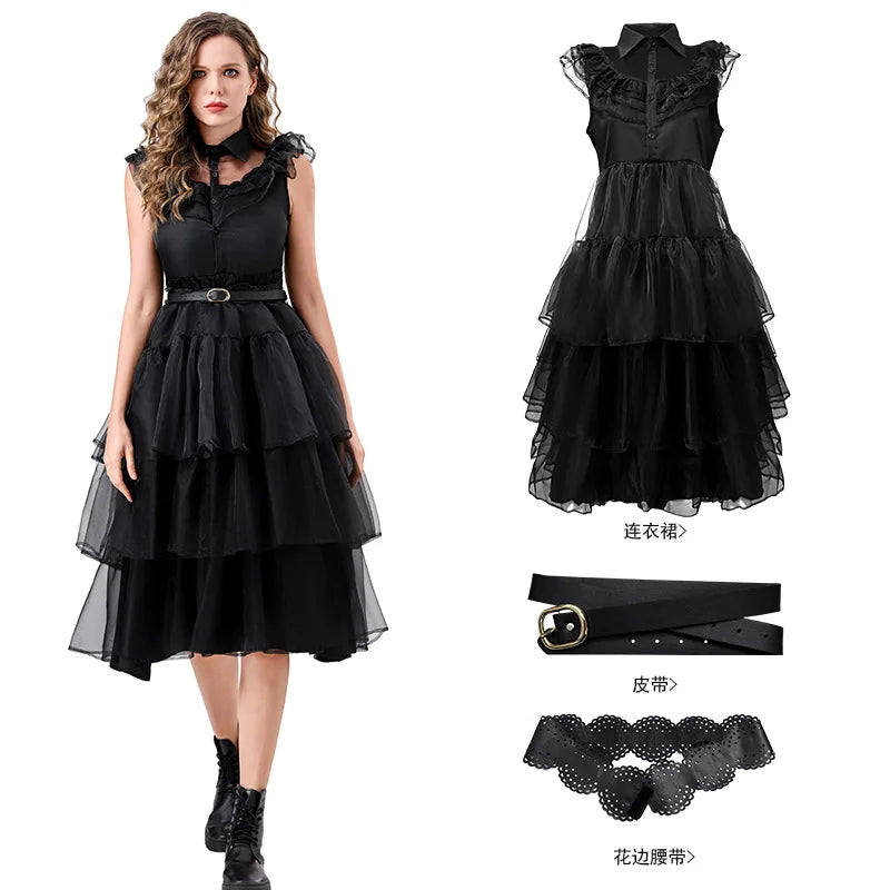 New adult ladies costume for Halloween featuring a ball dress inspired by the Addams Family a black dress for the Addams fami