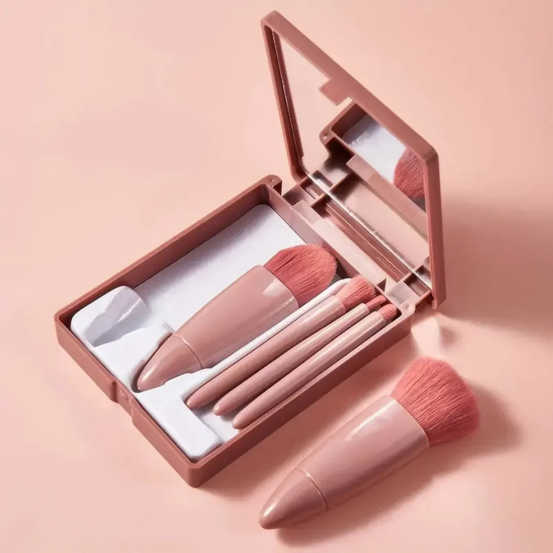5Pcs Mini Pink Makeup Brush Set with Built-in Mirror, Soft Synthetic Bristles Gentle on Skin Portable Travel Size for Daily Makeup On-the-Go Touch-ups Home Travel Women Makeup Lovers Beginners Blush Eyeshadow Foundation Brush