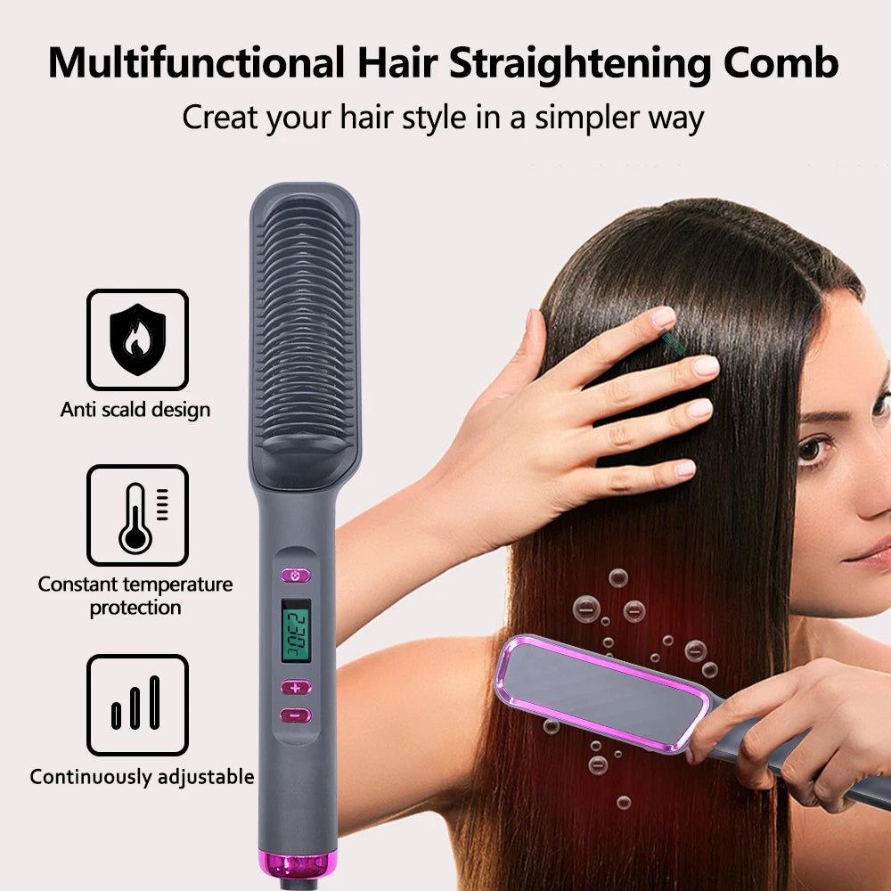 Hair Straightener Ceramic Hot Comb 2 in 1 Electric Straighten Hair Brush Negative Ion Fast Heating Styling Tool ﻿