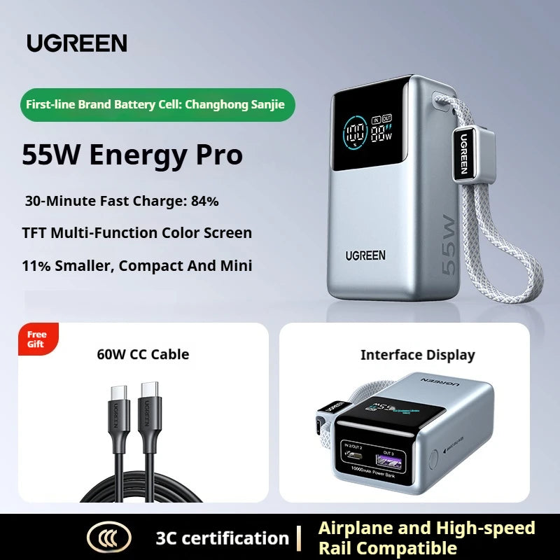 UGREEN 10000mAh Energy Pro Mini Power Bank 55W Fast Charging Mobile Power Bank Portable External Battery For IPhone17 Pro Xiaomi