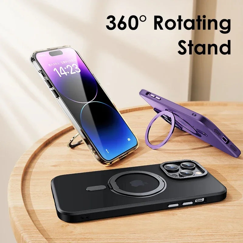 Magnetic 360°Rotation Stand Phone Case For iphone 12 13 14 15 16 17 Pro Max Plus With Ring Holder Frosted Transparent Case Funda