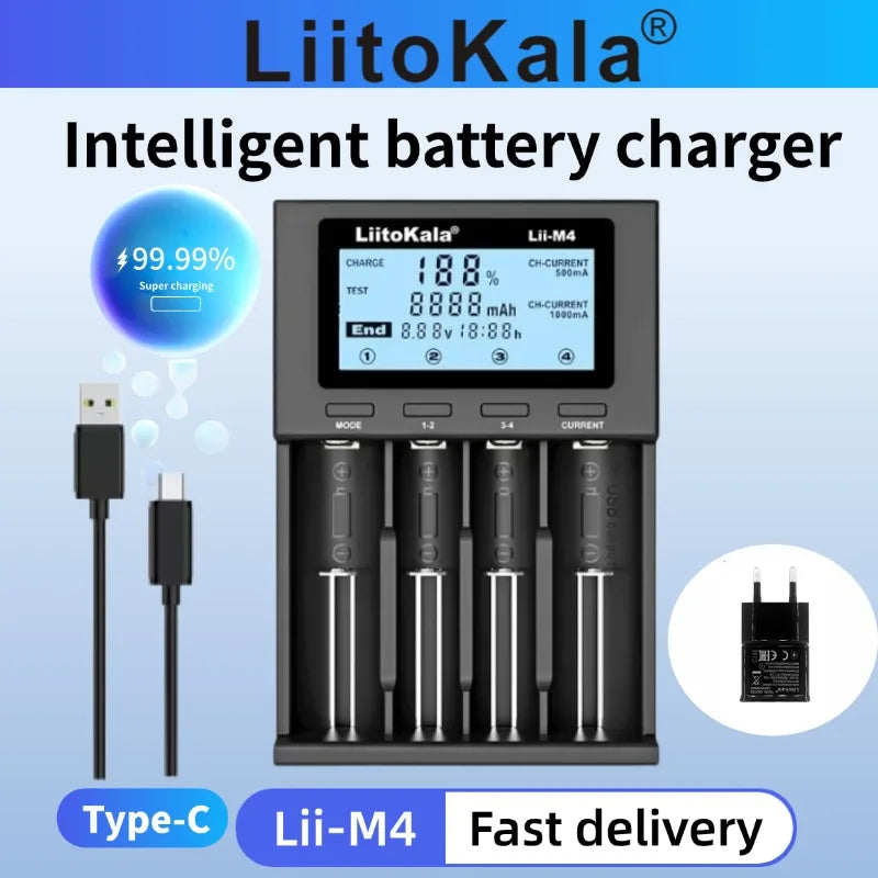 LiitoKala Lii-M4 Smart Battery Charger with LCD Display 4-Slot Universal for 18650 26650 21700 AA AAA 5V 2A Testing Capability