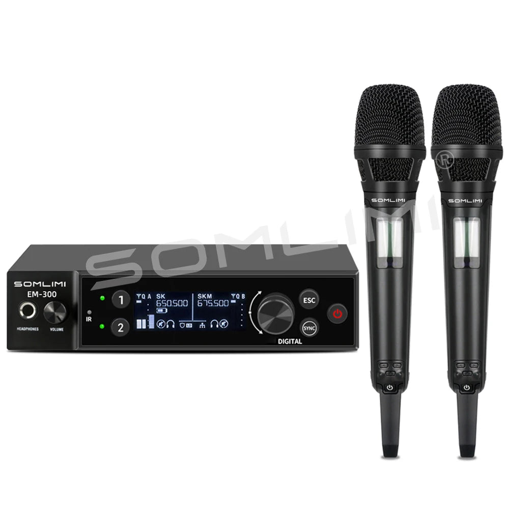 SOMLIMI EM-300 UHF True Diversity Wireless Microphone System for Karaoke Stage Performances Mic Wireless Professionnel