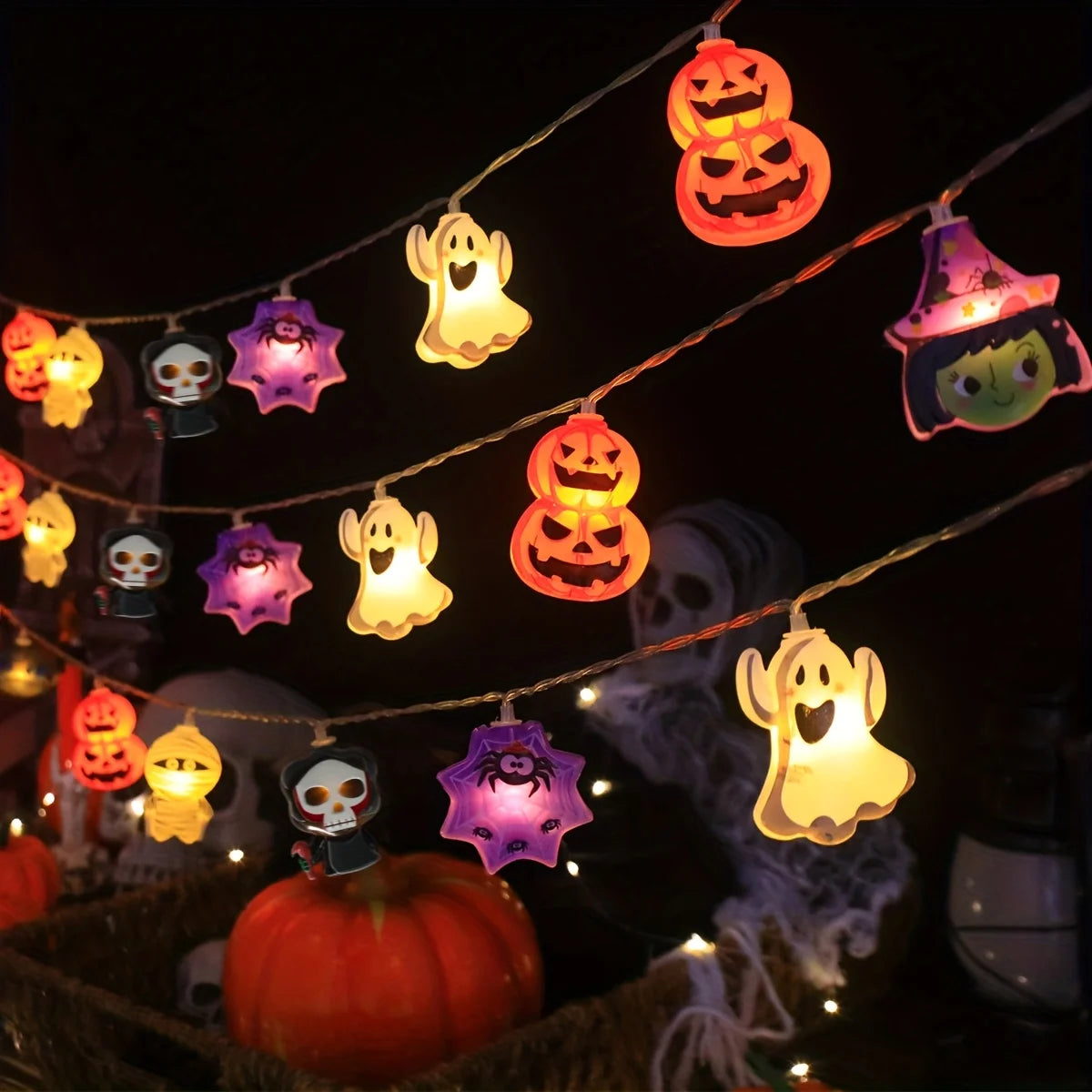 Halloween LED String Lights Mummy Skull Witch Pumpkin Spider Bat Cartoon Fairy Lights Holiday Party Decor Lamp