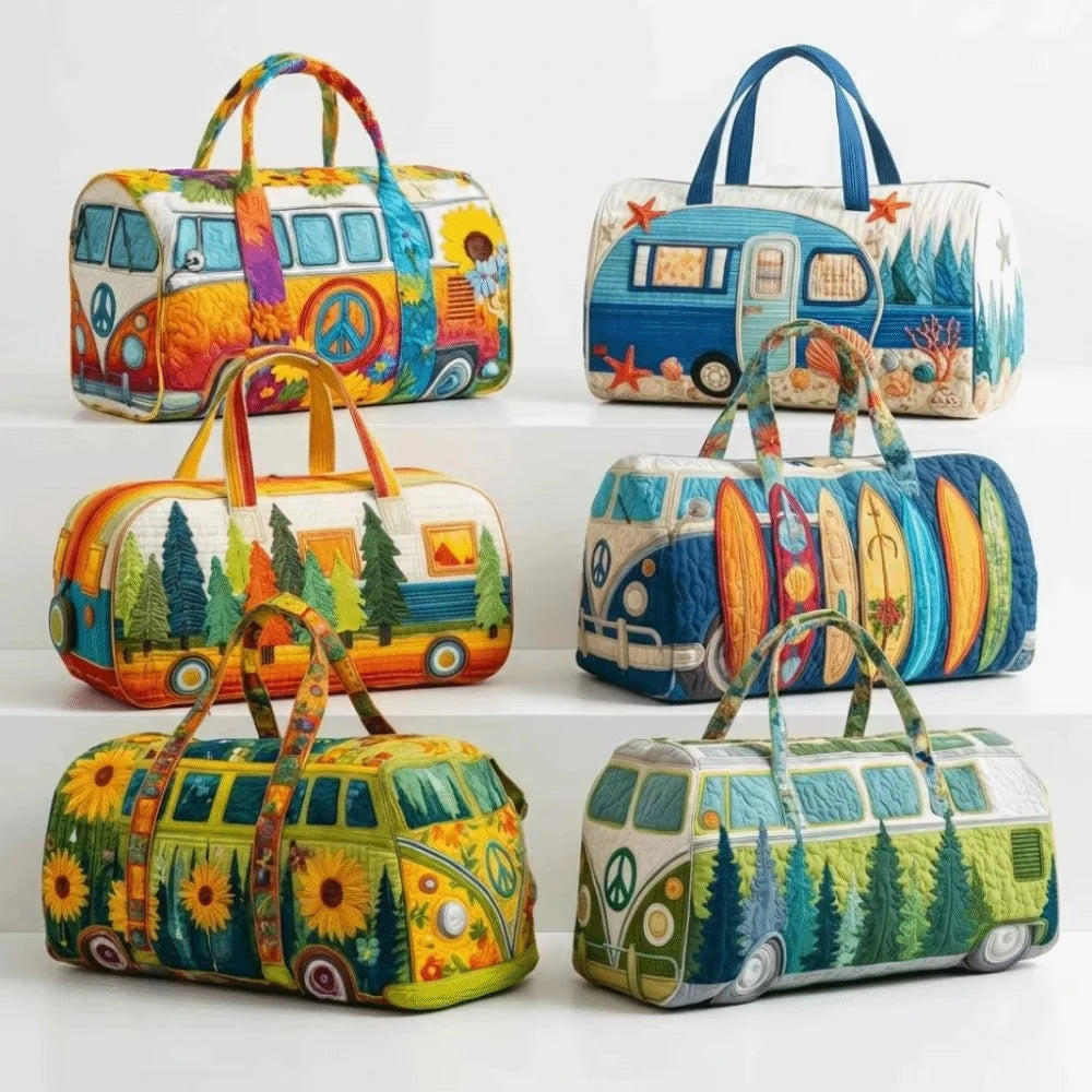 Fashion 3D Quilted Duffle Bag Bus Design Large Capacity Travel Handbag Retro Boho Sturdy Gym Tote Bag Daily Outings
