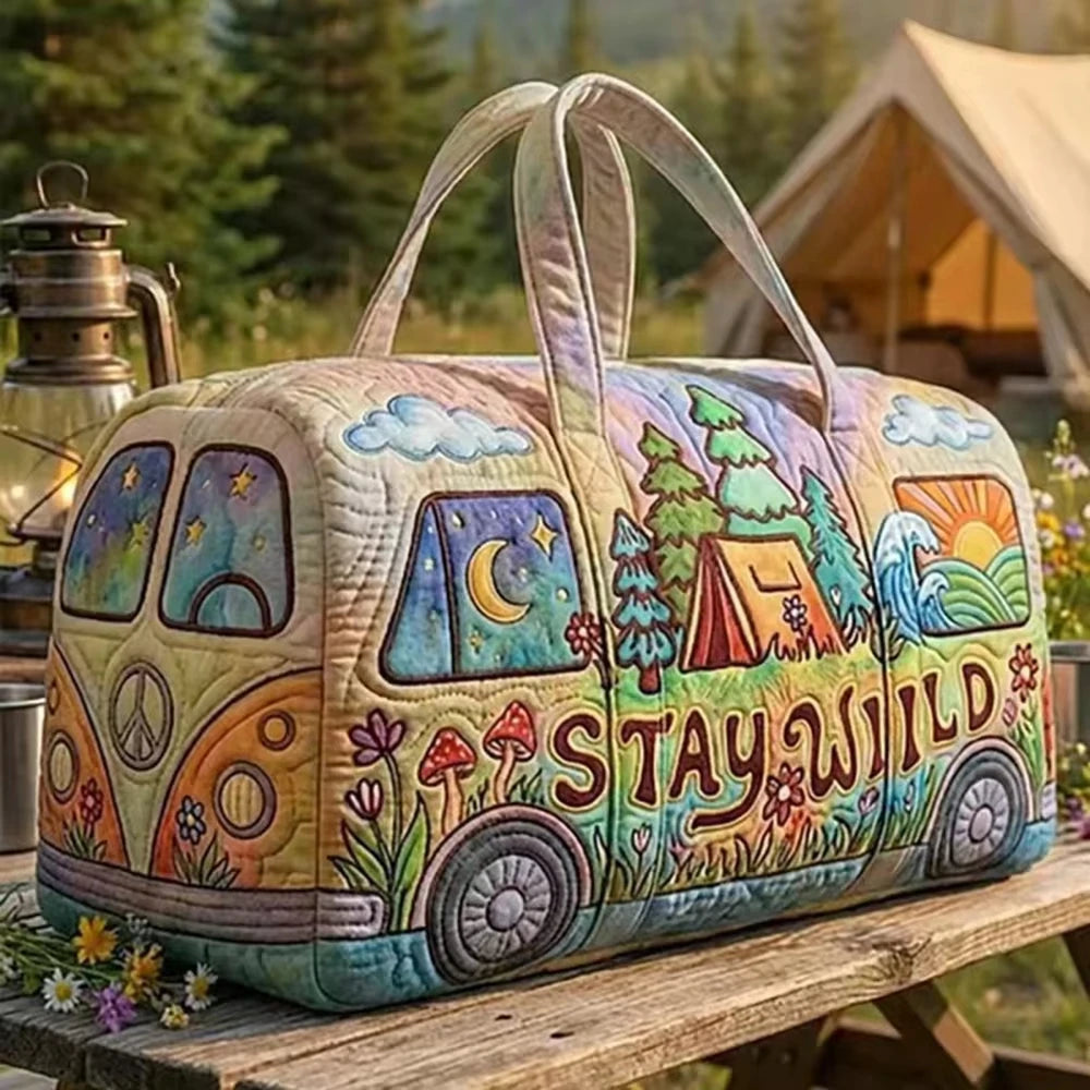 Fashion 3D Quilted Duffle Bag Bus Design Large Capacity Travel Handbag Retro Boho Sturdy Gym Tote Bag Daily Outings