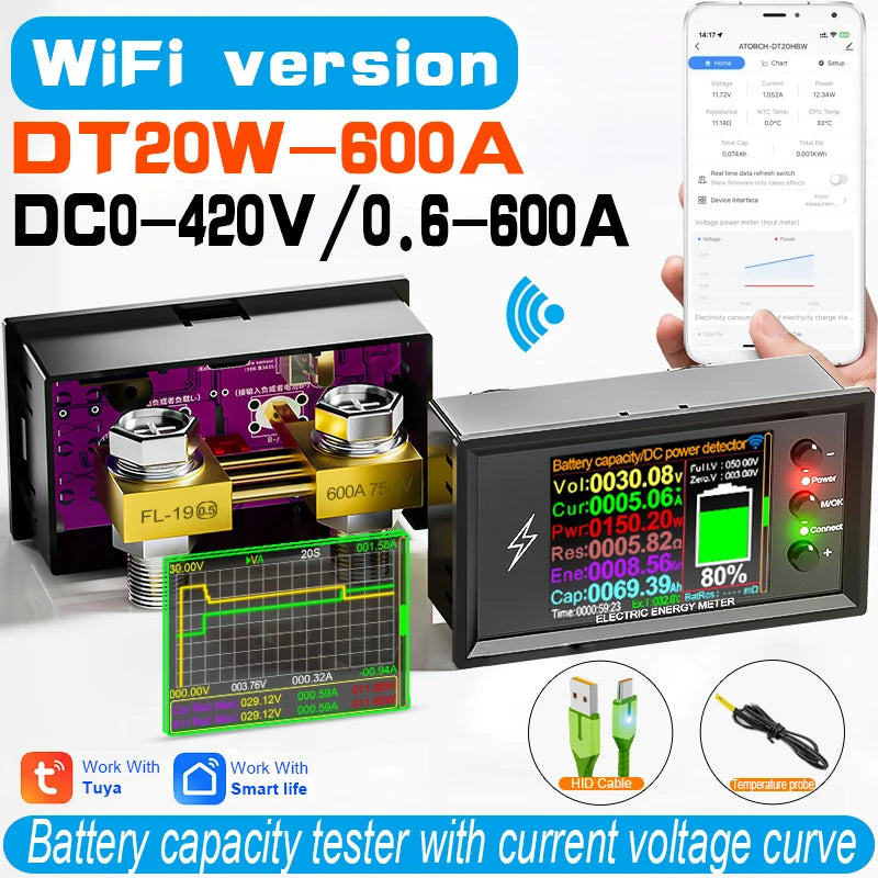 DC 0-420V Tuya WiFi Smart Lithium Battery Capacity Detection Tester DC Digital Display Current Voltage Coulomb Power Meter DT20W