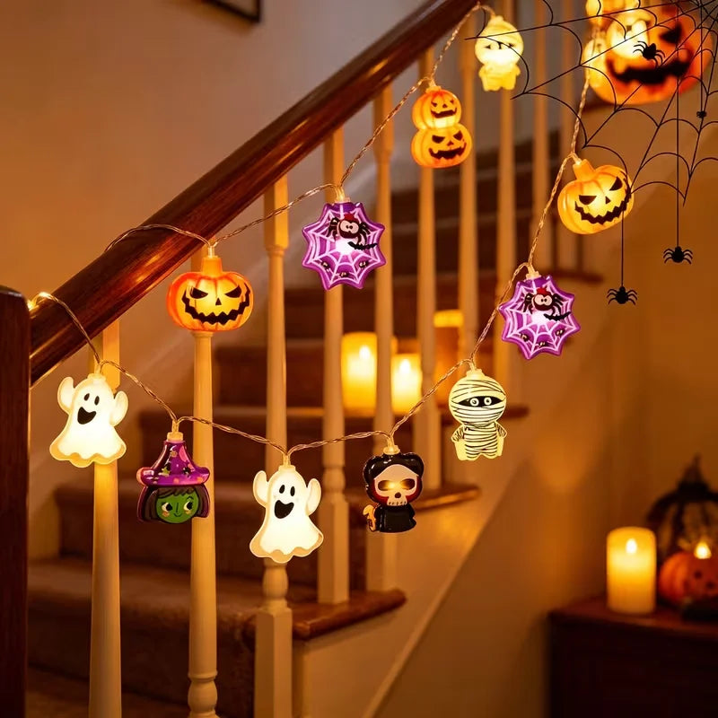10/20 LED Halloween String Lights Ghost Pumpkin Mummy Skeleton Spider Fairy Light Battery Powered for Party Haunted House Decor