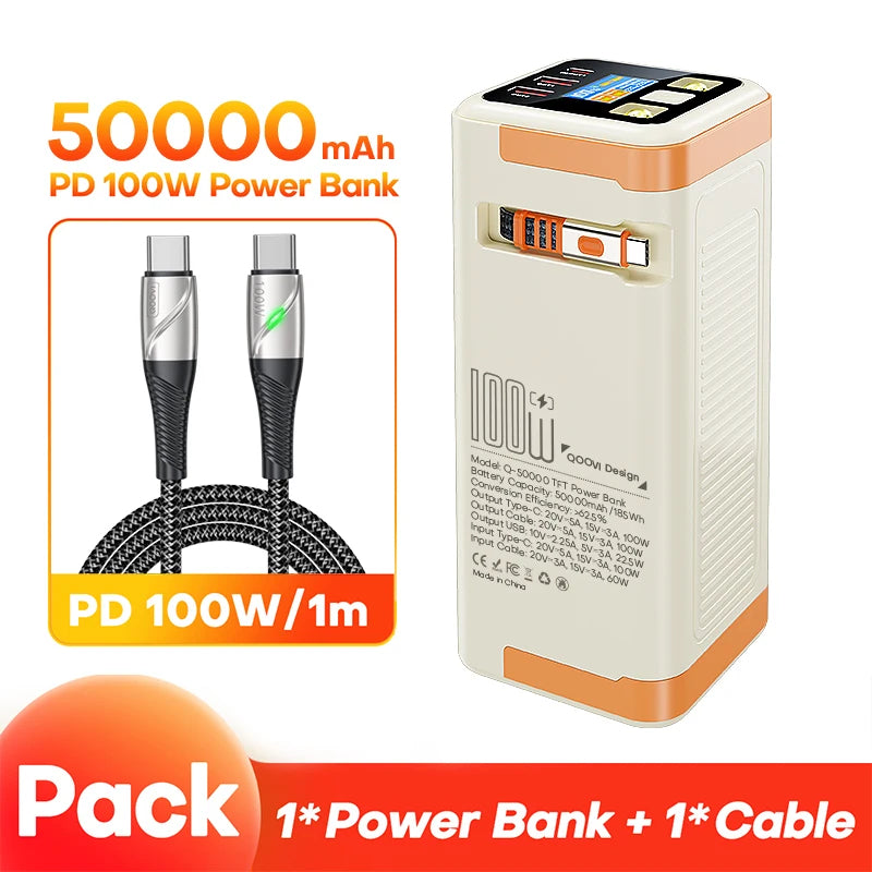 QOOVI 50000mAh Power Bank PD 100W Fast Charging Portable Large Battery Capacity Power Station For iPhone Laptop Samsung Xiaomi