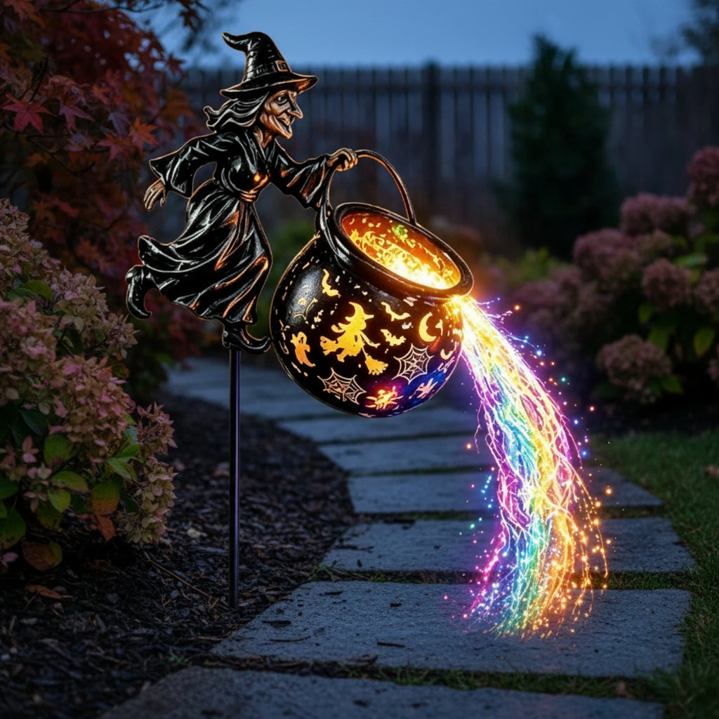 Halloween Witch Cauldron-Style Pot Garden Light Outdoor Halloween Witch Decor with Stake Garden Light with Stake Illuminated