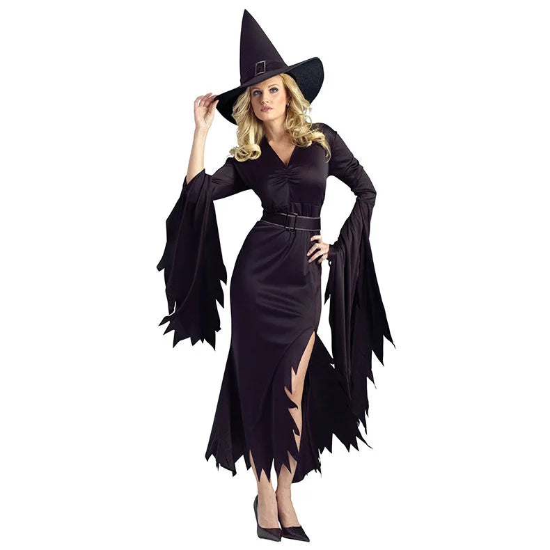 Halloween Adult Women Gothic Black Witch Costume Carnival Purim Cosplay Party Evil Wizard Masquerade Irregular Dress Outfit 2025