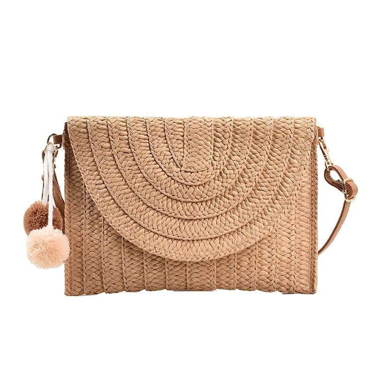 Handmade Straw Beach Shoulder Crossbody Bag Girls Envelope Woven Summer Small Hair Ball Cluth