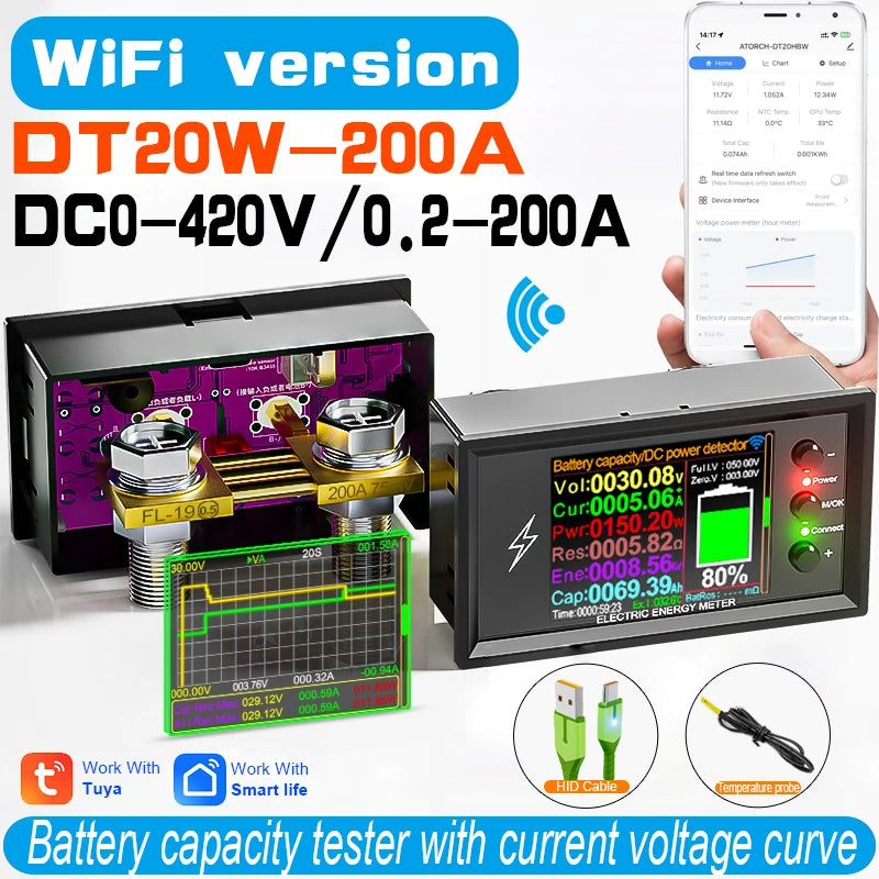 DC 0-420V Tuya WiFi Smart Lithium Battery Capacity Detection Tester DC Digital Display Current Voltage Coulomb Power Meter DT20W