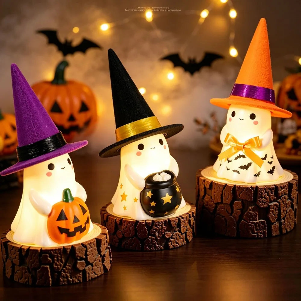 Cute Ghost Night Light with Witch Hat — Halloween Desk & Shelf Decor