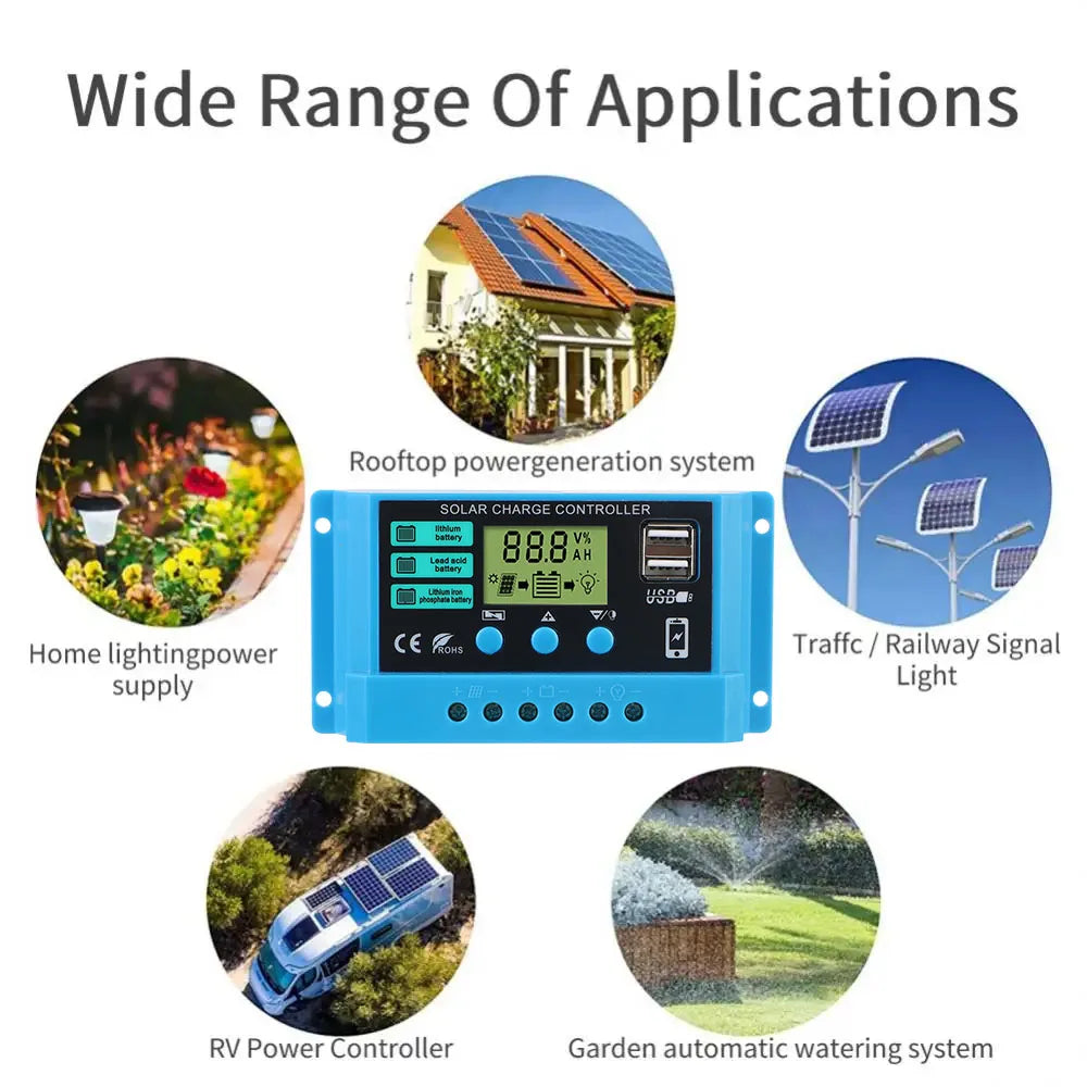 LCD Display Auto 30A Solar Charge Regulator Dual USB Chargers 5V Output Solar Controller PWM Battery Charger 12V/24V Universal