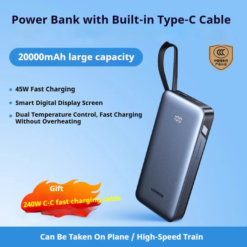 UGREEN 20000mAh Power Bank 145W Built in Cables Large Capacity Fast Charge Mobile Power Bank For iPhone Laptop Notebook